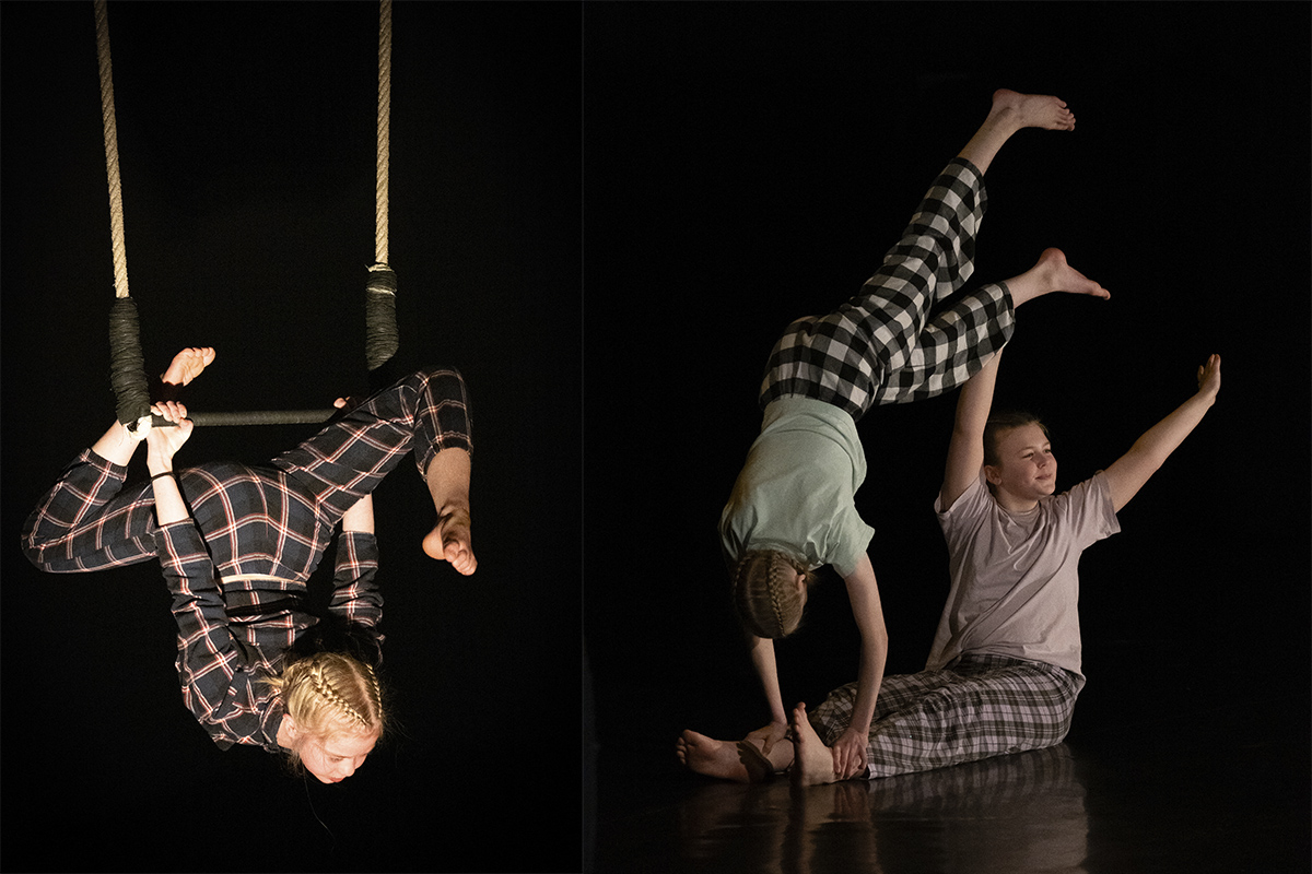 Nuoret sirkusartistit näyttävät taitojaan trapetsilla ja lattialla.