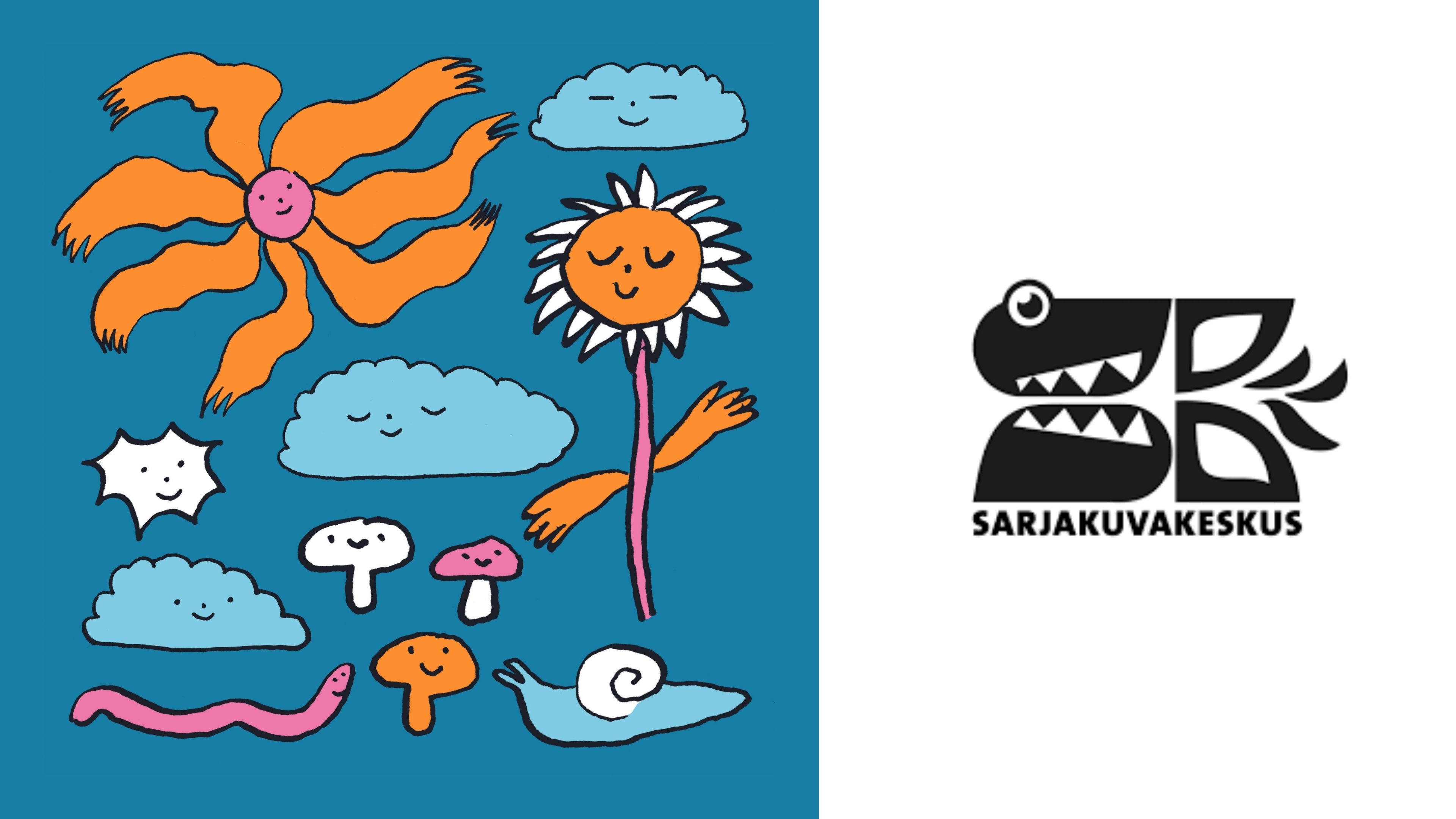 Piirrettyjä kukkia, pilviä ja sieniä sinisellä taustalla, sekä Sarjakuvakeskuksen logo.