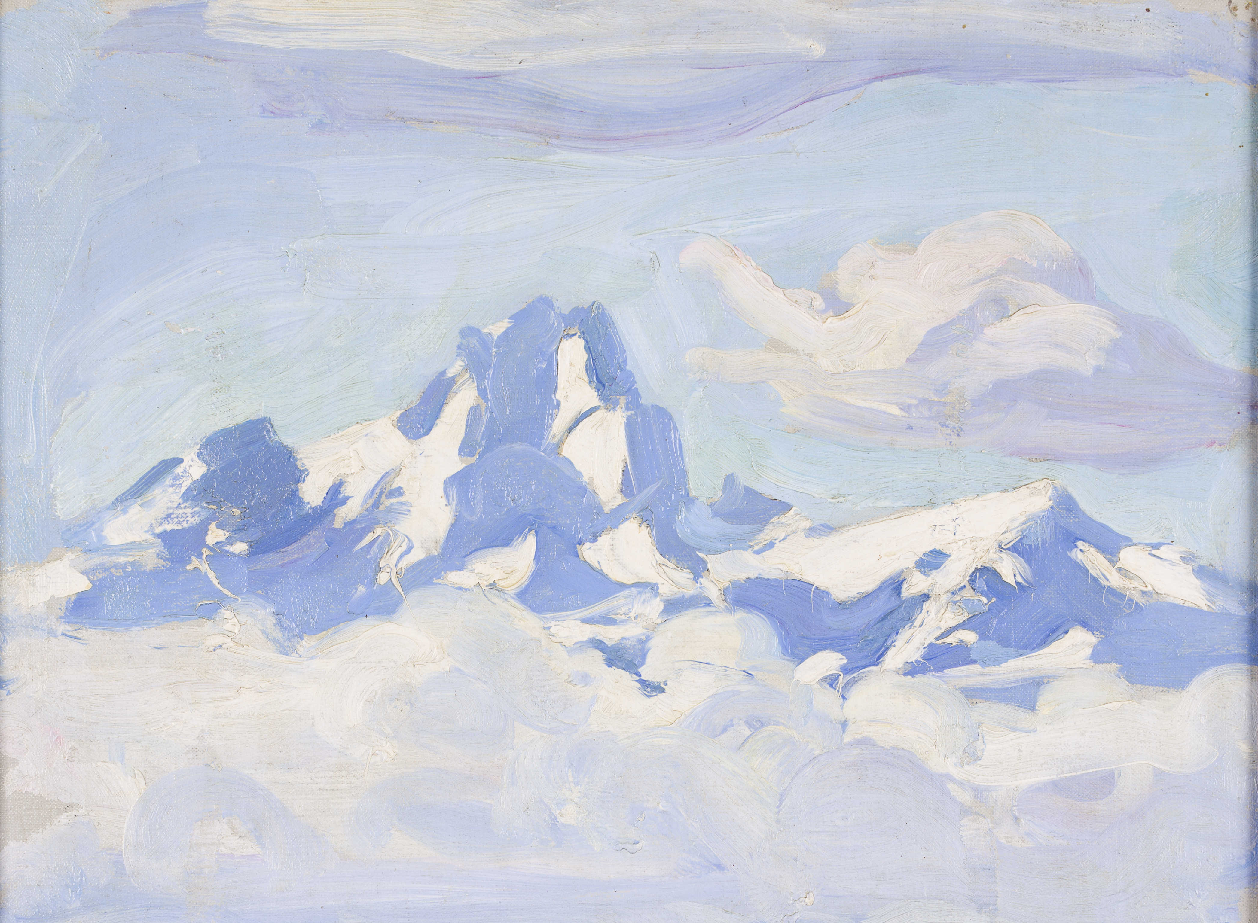 Kuva maalauksesta, jossa sinistä taivasta, pilviä sekä lumihuippuisia vuoria.