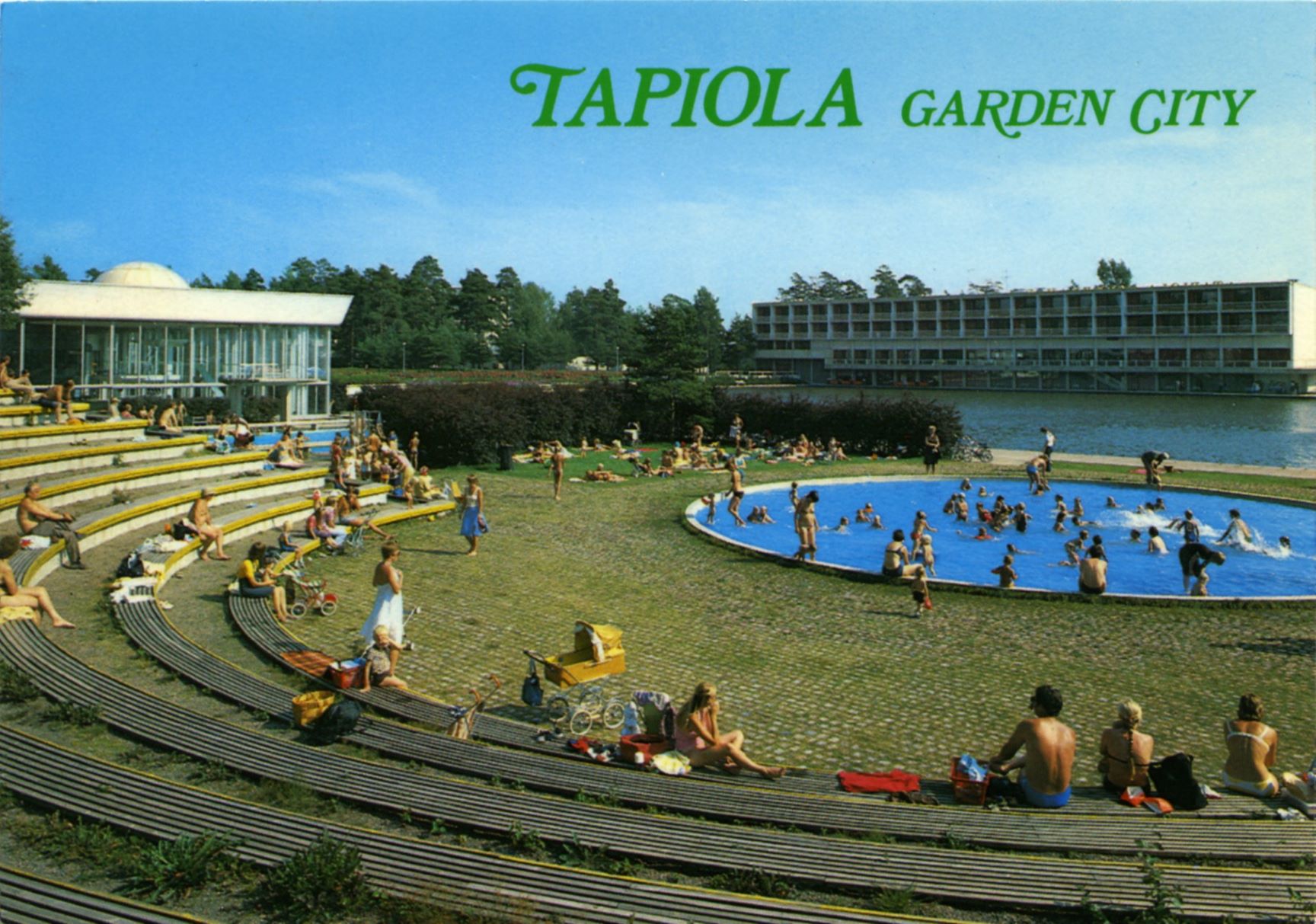 Postikortti, jossa esitellään Tapiolan puutarhakaupunkia.