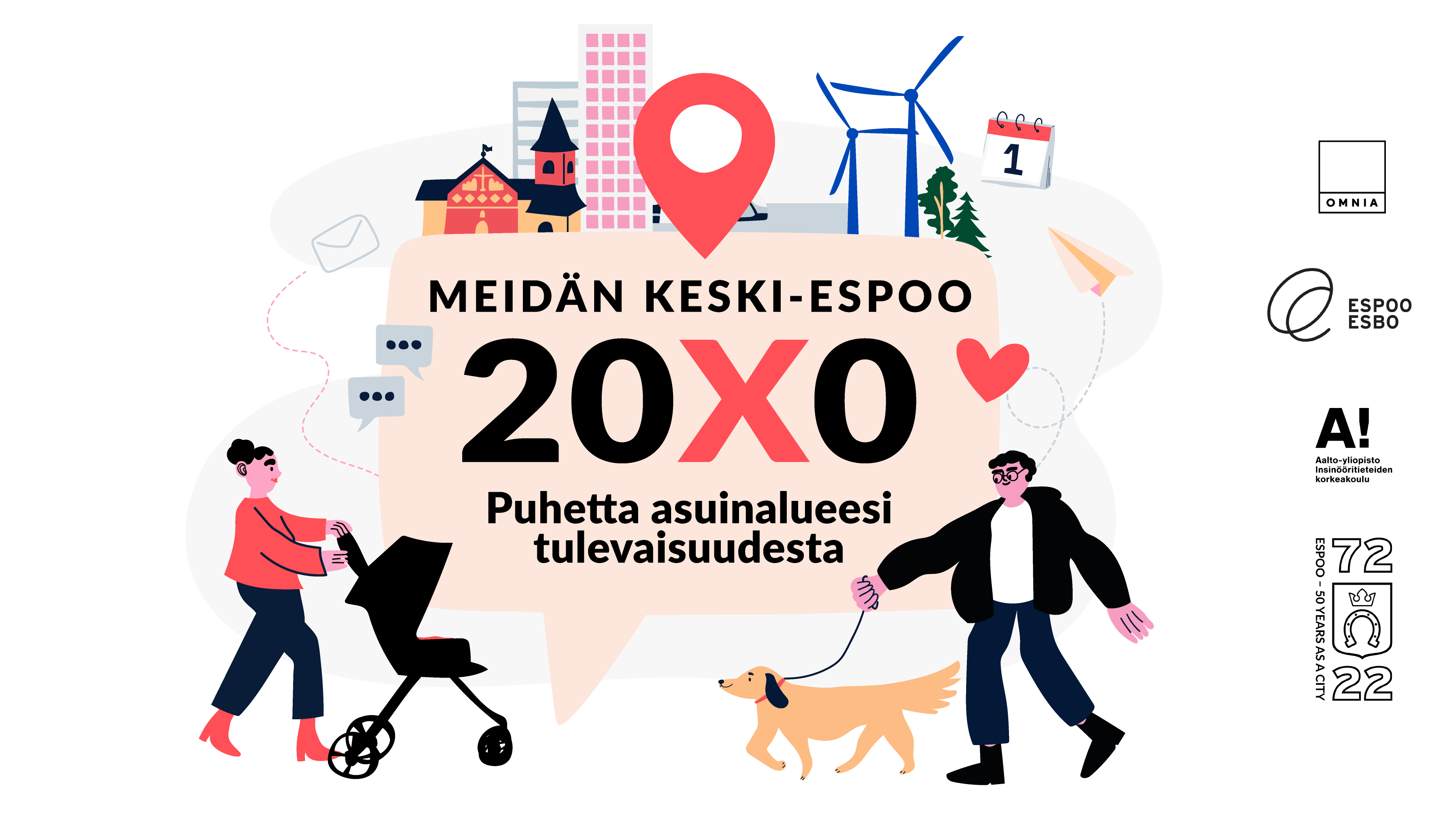 Kuvassa Ihmisiä Tulevaisuuden Espoossa. Kuvan keskellä myös teksti, jossa lukee "Meidän Keski-Espoo 20X0, puhetta asuinalueesi tulevaisuudesta".