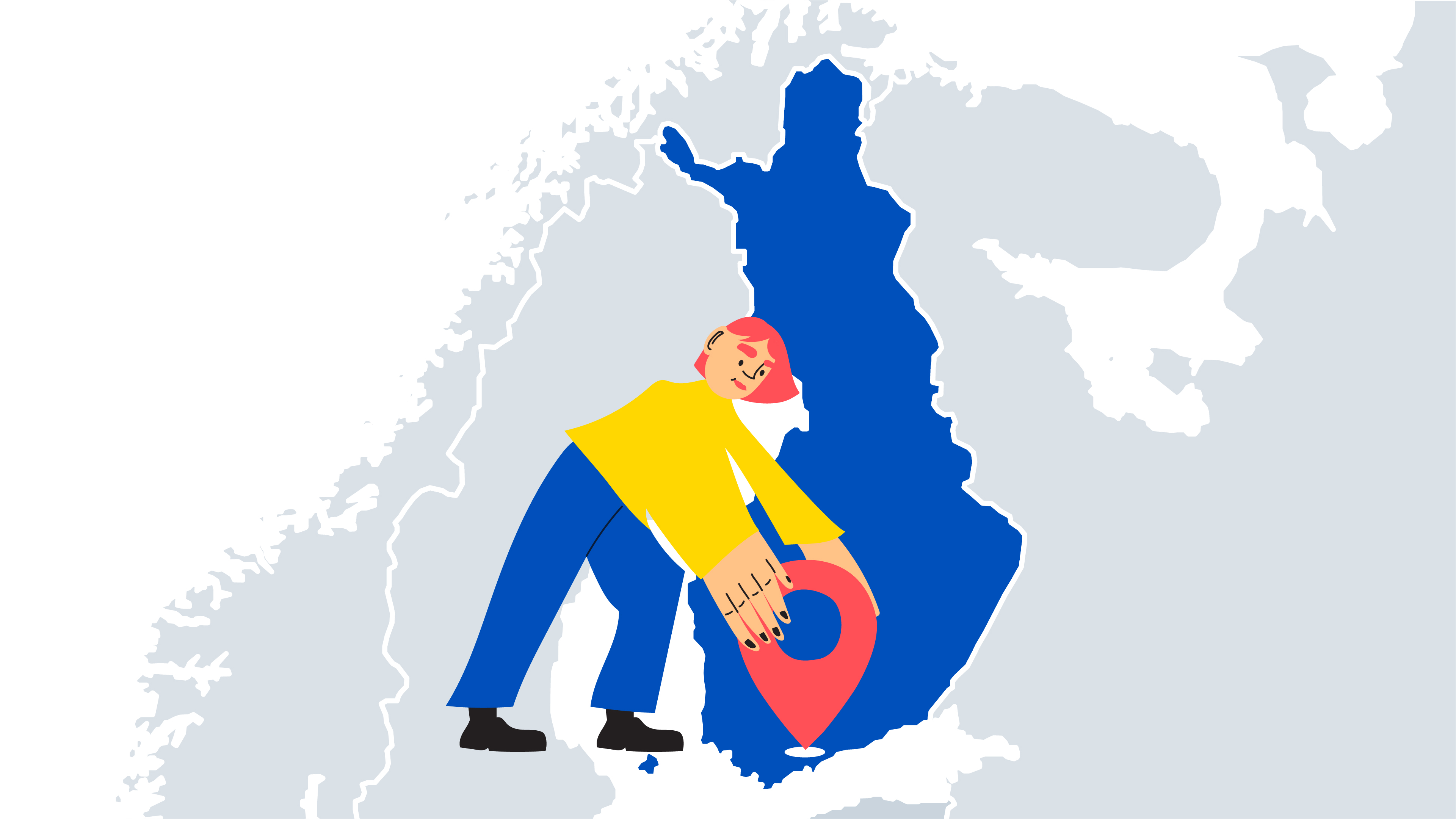 Piirros, jossa nainen ja Suomen kartta.
