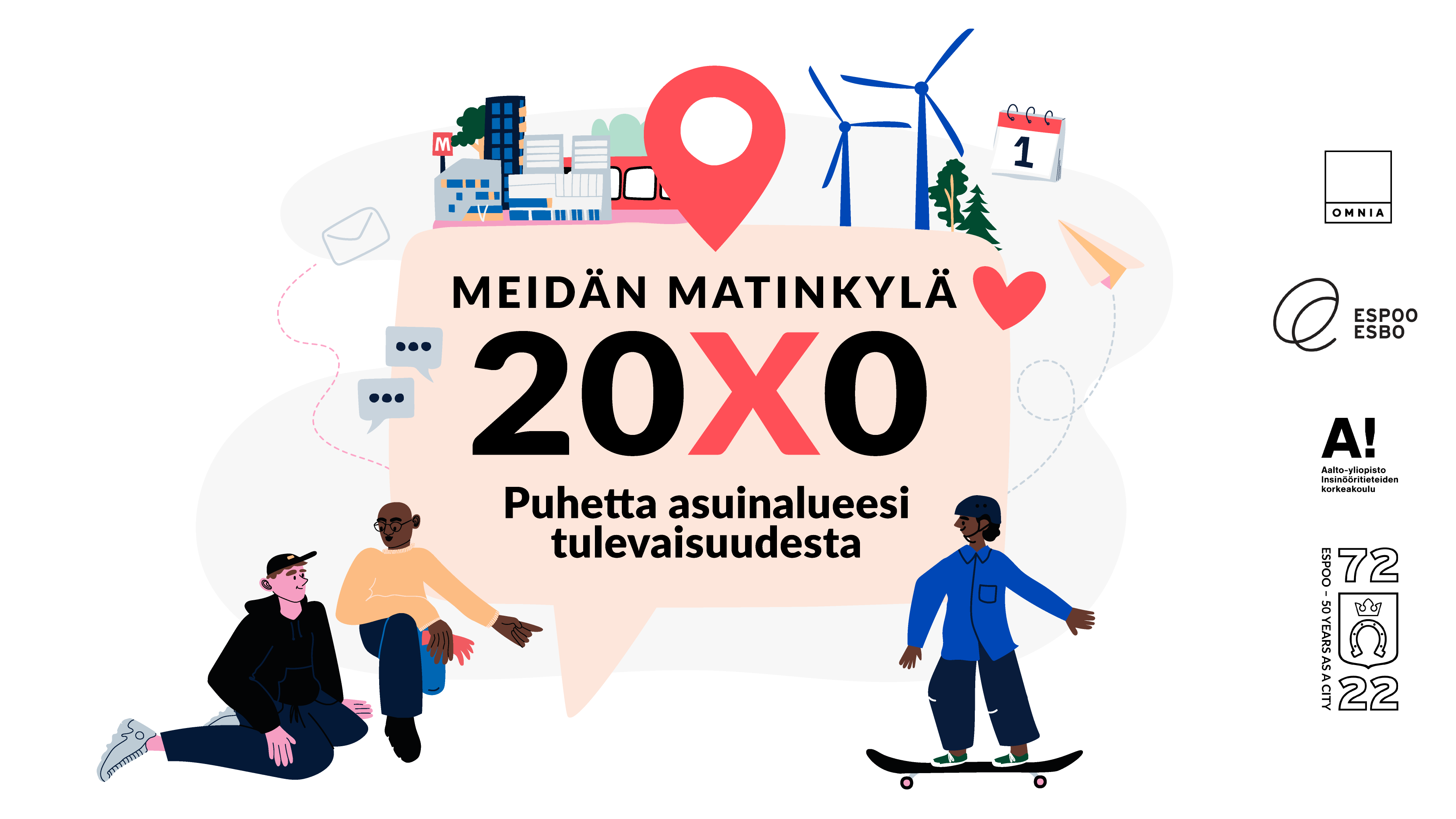 Kuvassa Ihmisiä Tulevaisuuden Espoossa. Kuvan keskellä myös teksti, jossa lukee "Meidän Matinkylä 20X0, puhetta asuinalueesi tulevaisuudesta".