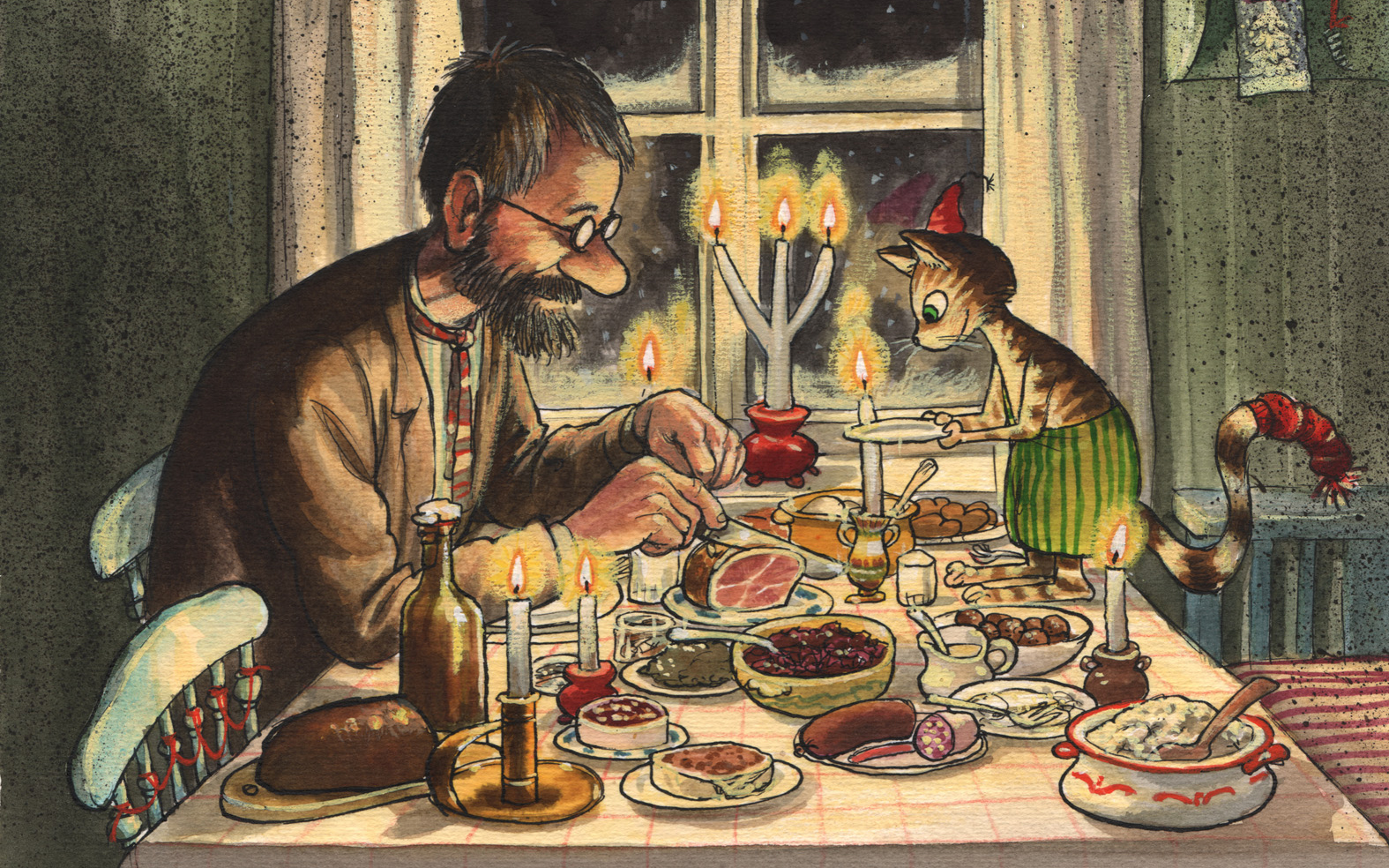 Sven Nordqvistin piirtämä kuva missä Viiru-kissa ja ukko-Pesonen.
