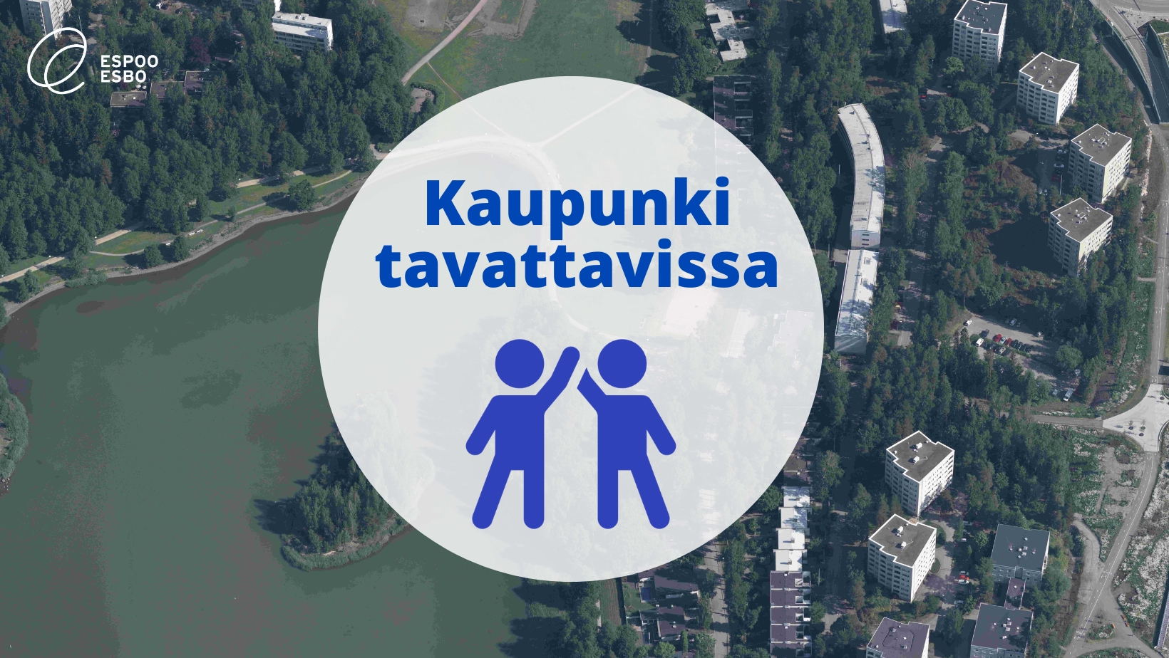 Ilmakuva Itärannan kaava-alueesta, päällä ikoni jossa kaksi ihmistä ja teksti Kaupunki tavattavissa sekä Espoon logo.