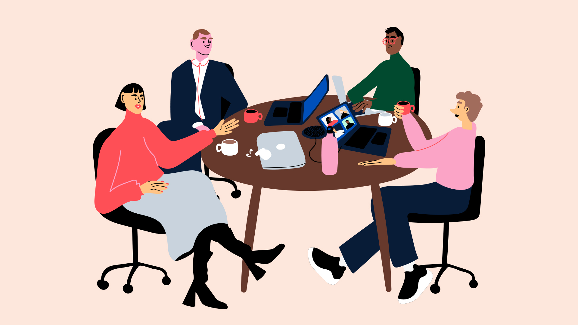 Piirroskuva neljästä ihmisestä keskustelemassa pyöreän pöydän ääressä.