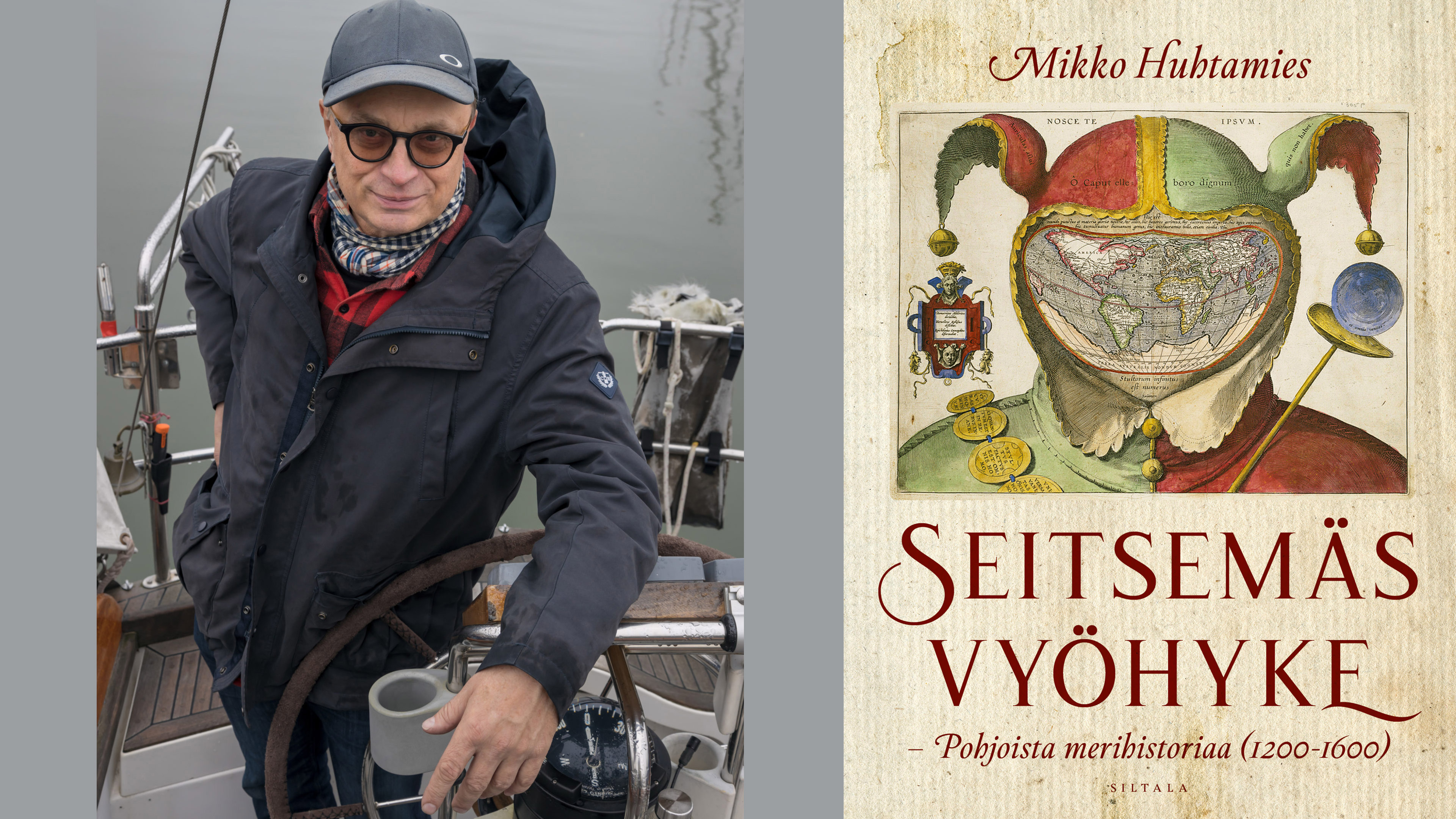 Muotokuva merihistorioitsija Mikko Huhtamiehestä sekä kuva hänen kirjansa Seitsemäs vyöhyke kannesta
