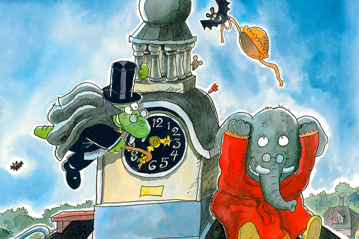 Mauri Kunnaksen piirroskuva. Vampyyrivaarikrokotiili-Yrjö ja Brita-norsu ovat talon katolla. Vampyyrivaari siirtää kellon viisareita. Lepakko varastaa Britan hatun.