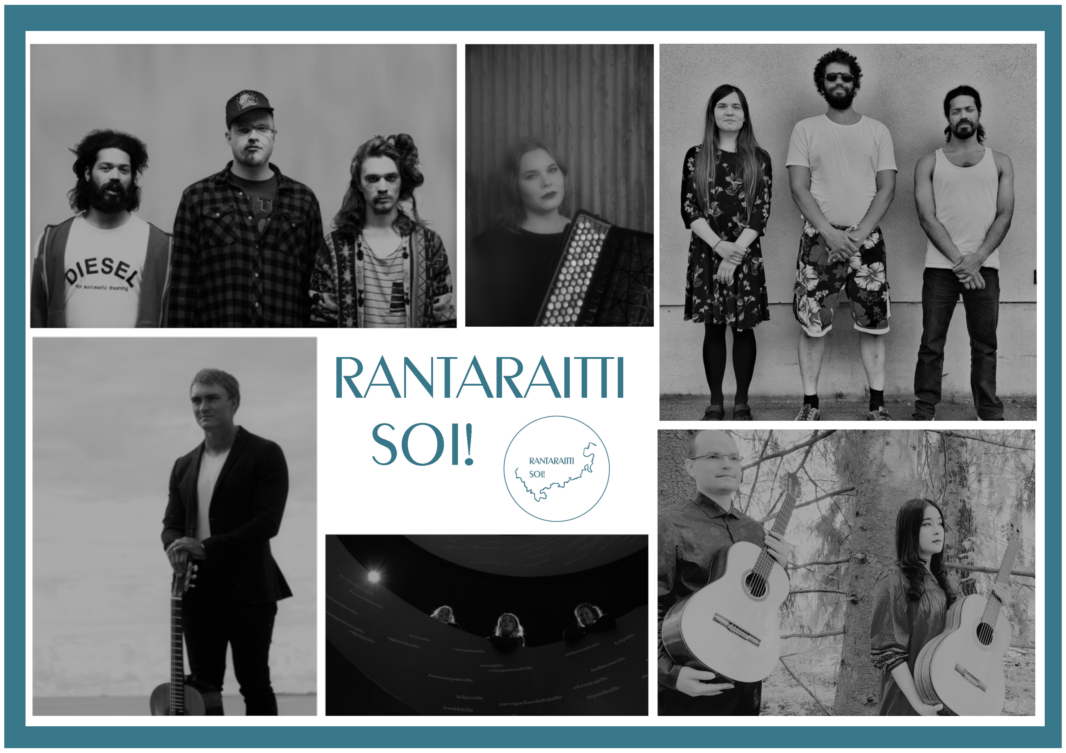 Mustavalkoinen kollaasikuva Rantaraitti soi! -festivaalin esiintyjistä, tapahtuman logo, jonka vieressä lukee "Rantaraitti soi!". Osa esiintyjistä poseeraa soittimiensa kanssa.