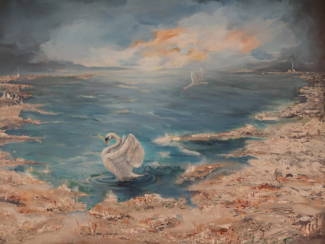 En svan på en strand målad av Titti Creutziger.